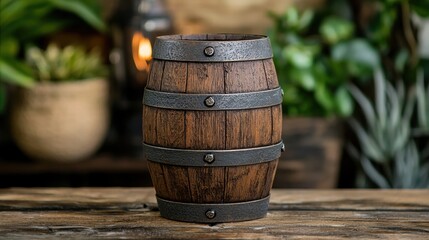 Naklejka premium Wooden barrel with detailed metal bands and aged patina