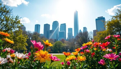 Fototapeta premium Vibrant spring blooms in city park, skyscrapers in sunlit background, sky, beautiful