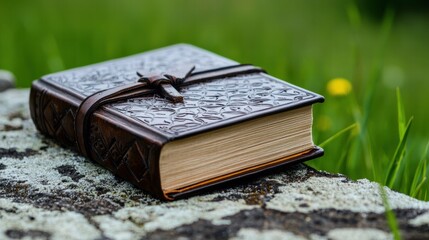 Wooden journal with intricate etchings on the cover