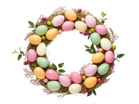 Easter wreath with pastel eggs isolated on transparent background