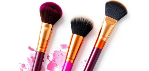 Fototapeta premium Three vibrant makeup brushes, neatly arranged on white background, cosmetics, high-quality