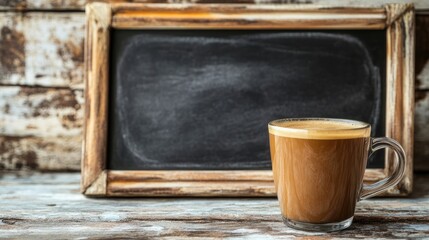 Morning coffee next to an empty blackboard, space for writing.