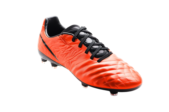 Close up of a single orange soccer shoe with black laces and cleats on a black background
