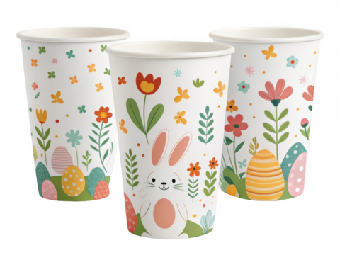 Three easter themed paper cups isolated on transparent background
