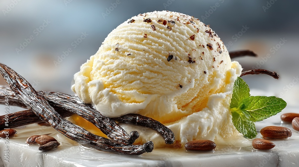 Poster an image of a scoop of ice cream atop a table with a stack of nuts and a green foliage in the backgr