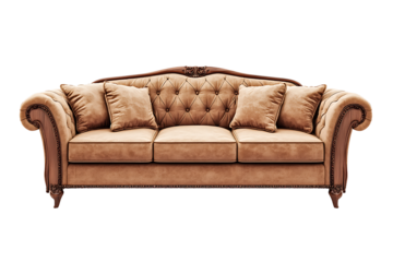 A luxurious brown velvet sofa with tufted back and decorative wooden frame on a black background