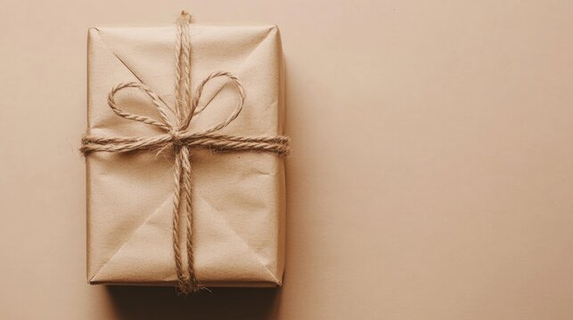 Packed gift box in craft paper and rope on beige background