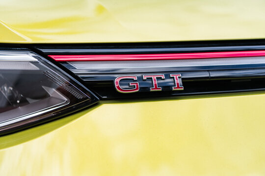 Miami, Florida, USA - November 16, 2024: 2022 Volkswagen Golf GTI sportscar. Luxury sport car of Volkswagen Golf GTI type. Car of Volkswagen Golf parked outdoor. Volkswagen Golf, logo view.