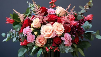 Obraz premium Pink and Red Flower Bouquet with Soft Colors in Beautiful Assorted Arrangement