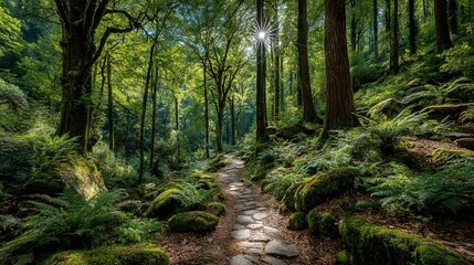 Obraz premium A forest path surrounded by lush green vegetation on either side
