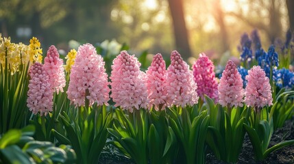 Obraz premium Pink hyacinths in a lovely spring garden.