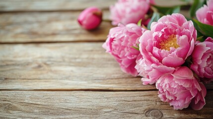 Fototapeta premium Pink peonies up close on wooden background. Text space available.