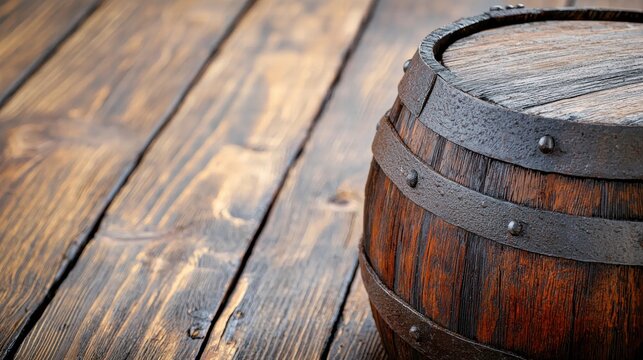 Wooden barrel with metal bands and a weathered finish