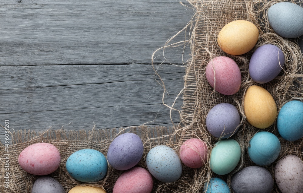 Poster a rustic table top serves as the backdrop for an assortment of colorful, handmade easter eggs, set a
