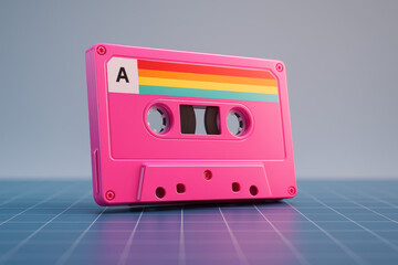 Obraz premium Retro pink audio cassette tape with rainbow label styled in vibrant neon colors on futuristic background