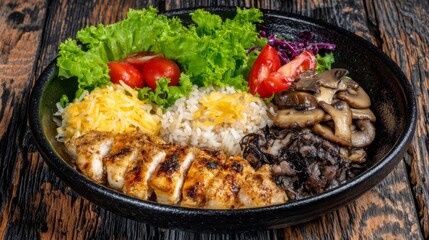 A nutritious bowl showcases expertly grilled chicken slices topped with sesame seeds, crisp vegetables, and brown rice, creating a healthy meal savored indoors for a wholesome dining experience
