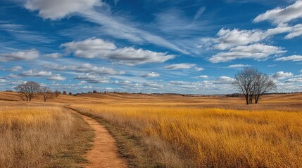   A dirt path winds through a green meadow beneath a clear blue sky, dotted with delicate wisps of cloud