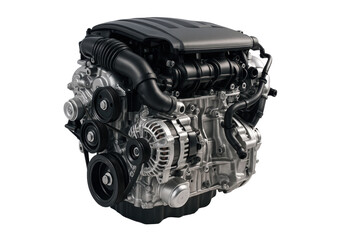 Modern automotive internal combustion engine with visible belts alternator and black intake components on transparent background, png