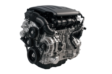 Modern automotive internal combustion engine with visible belts alternator and black intake components on transparent background, png