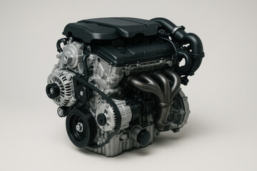 Realistic 3d render of modern car engine with detailed components isolated on clean neutral studio background
