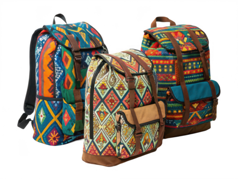 Three patterned travel bags isolated on transparent background