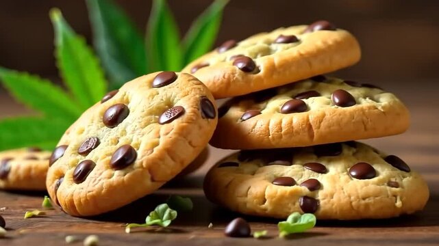 Cannabis chocolate chip cookies with marijuana leaves on wooden table