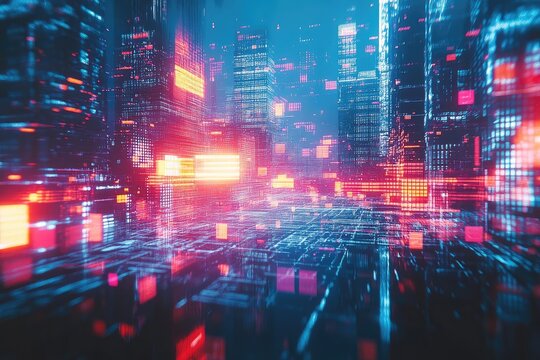A futuristic cityscape composed of glowing digital data streams and skyscrapers, representing the metaverse or digital transformation. - Powered by Adobe