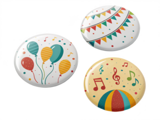 Party themed button badges isolated on transparent background