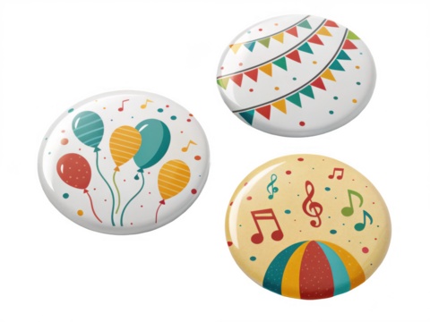 Party themed button badges isolated on transparent background