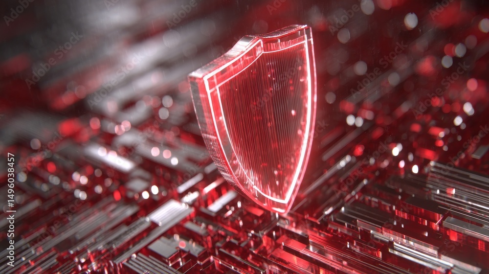 Aufkleber cybersecurity is represented by a bright red digital shield on a network circuit, demonstrating cutt