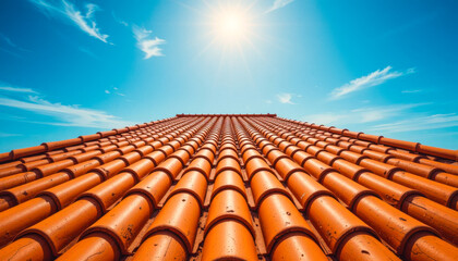 Tile Roof Under Sunny Sky: Capturing the upward trajectory of the terracotta tile roof against the backdrop of a cloud-speckled sky and radiant sun, inviting a sense of warmth. 