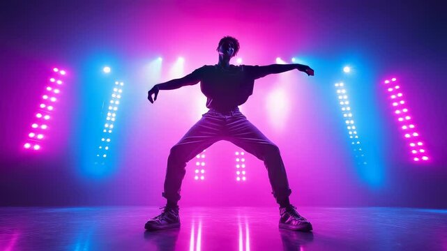 Dynamic Silhouette: Energetic Dancer Performing in Vivid Neon Light, Artistic Expression