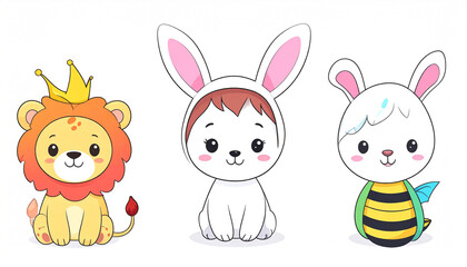 Obraz premium Three adorable cartoon animals a lion in a crown, a child in a bunny costume, and a bunny in a bee costume, all sitting against a white background