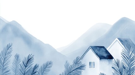 Peaceful mountain scene with houses and foliage.