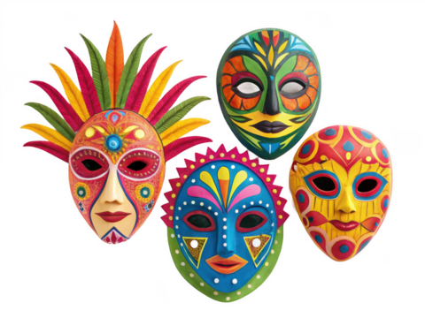 Assorted vibrant carnival masks isolated on transparent background