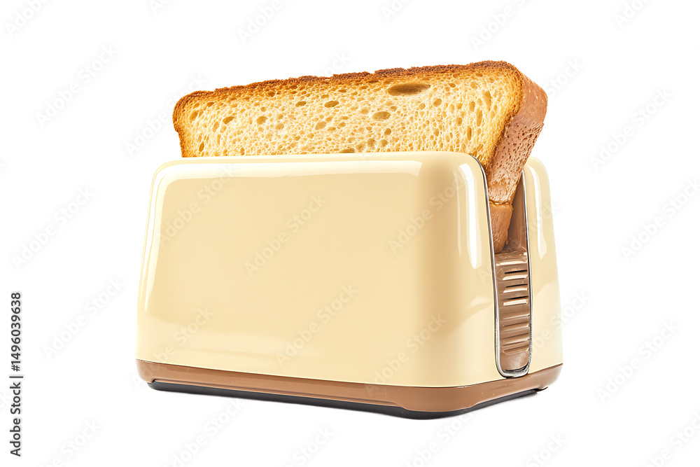 Poster a close up shot of a beige toaster with a slice of toast sticking out on a black background