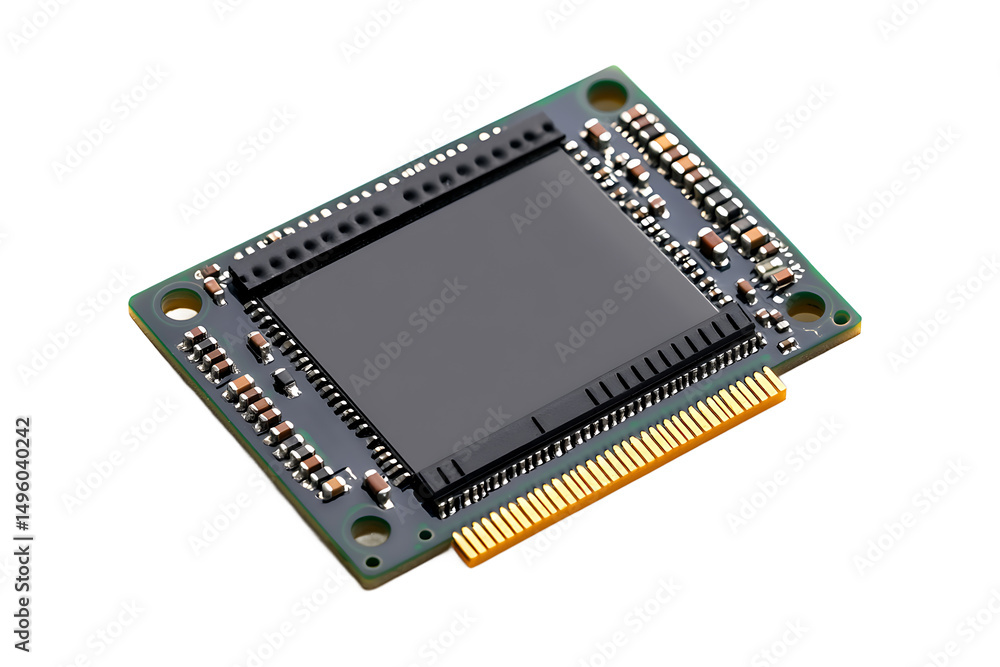 Poster close up of a square microchip with gold pins and electronic components on a black background