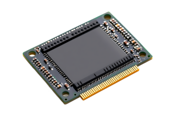 Close up of a square microchip with gold pins and electronic components on a black background