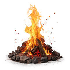 A campfire with burning wood isolated on transparent background