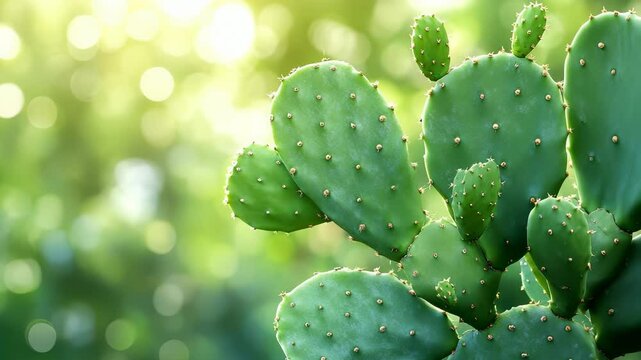 Close-up of Green Prickly Pear Cactus Pads with a Soft Bokeh Background