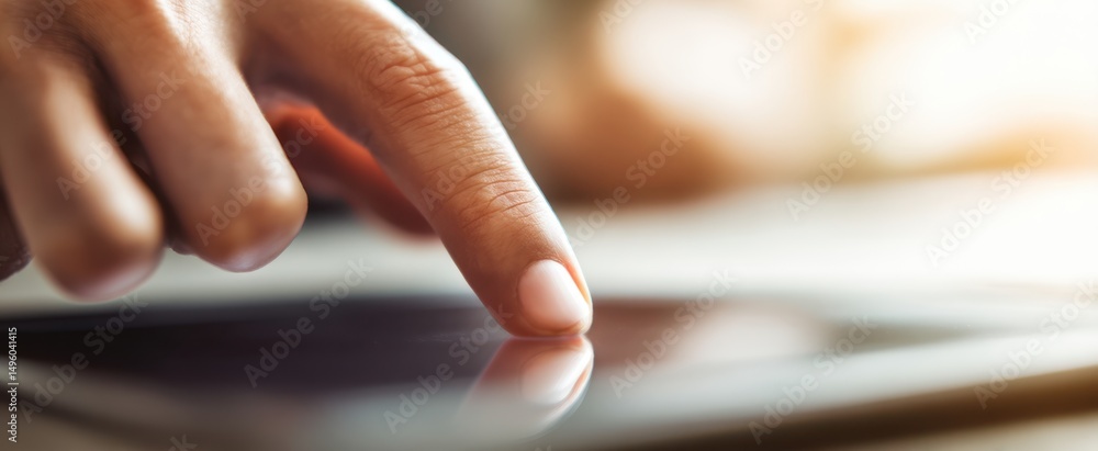 Poster the hand interacting with a touchscreen tablet device in a modern setting.