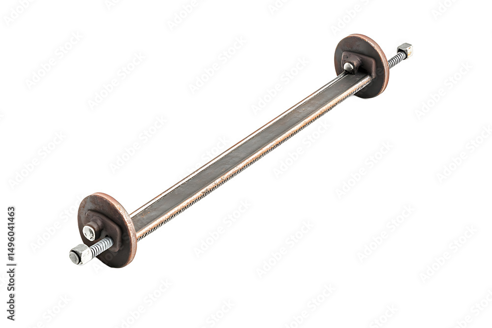 Aufkleber a metal bar with circular ends and nuts on a black background in a studio shot centered frame