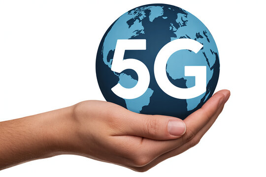 Hand gently holding a blue globe with 5G logo symbolizing global connectivity and reach of fifth-generation wireless technology
- Powered by Adobe