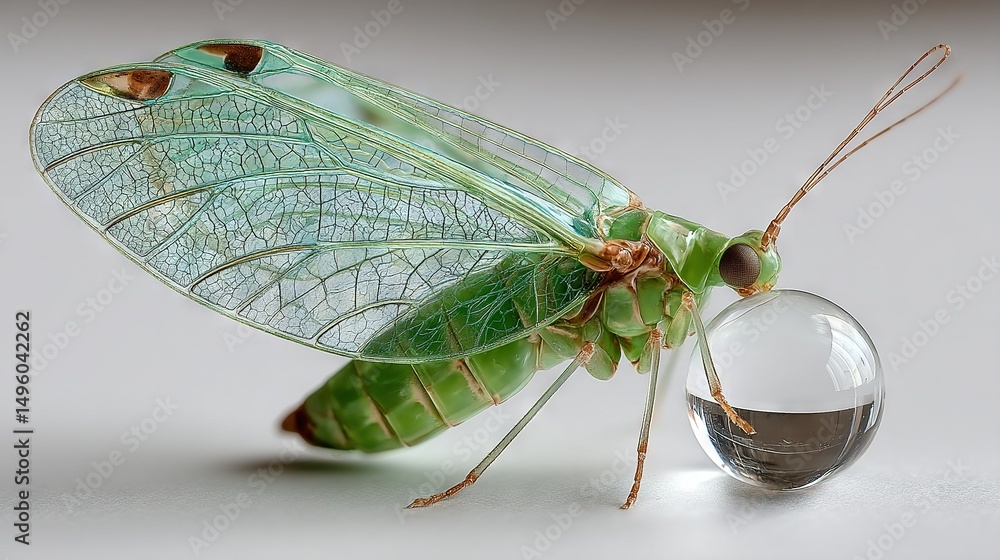 Poster a large green bug perched on a clear orb adjacent to a smaller one containing liquid