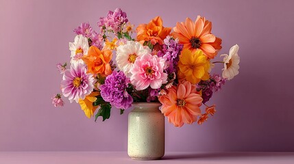 Naklejka premium A vase brimming with vibrant blooms perched atop a lavender countertop, alongside another vase featuring orange, pink, purple, and white blossoms