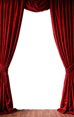 Crimson Curtains: Dramatic red velvet curtains frame an inviting, empty space, hinting at the anticipation of a performance or the allure of the unknown.