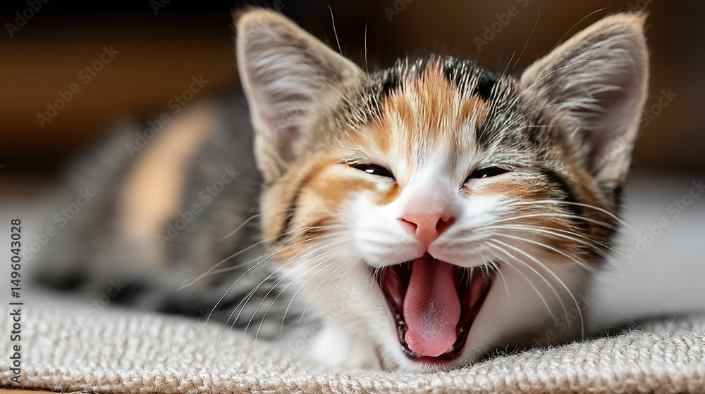 Poster close-up image of a yawning cat with its mouth wide open and tongue extended