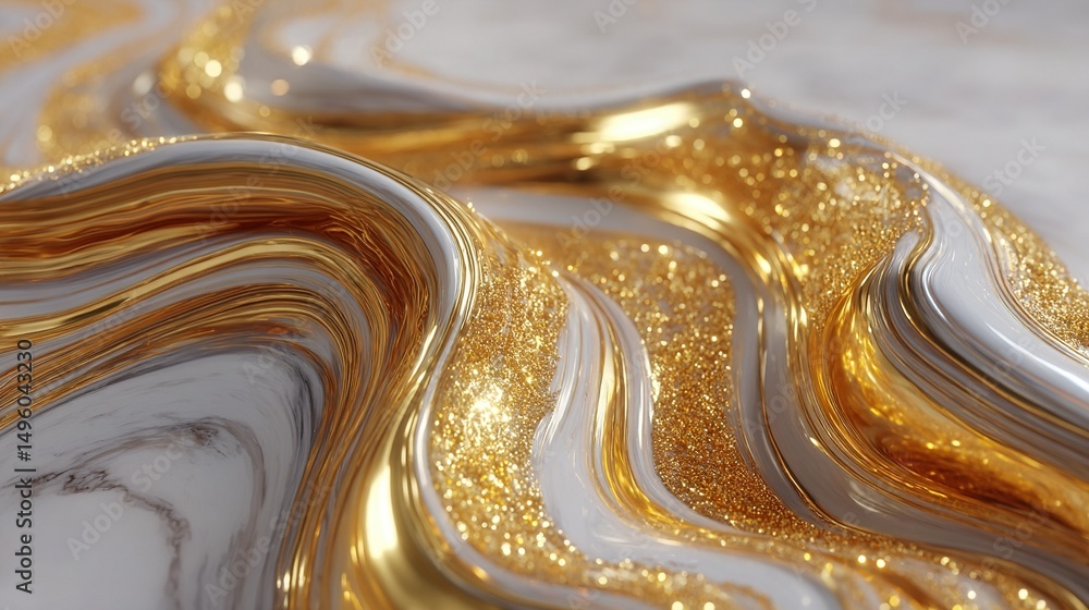 Poster a close-up image of a polished golden and white marble slab with intricate patterns of gold and silv