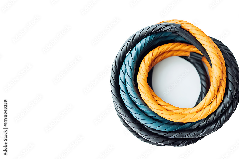 Poster coiled ropes of varying colors stacked on a white surface with a black background on the left side