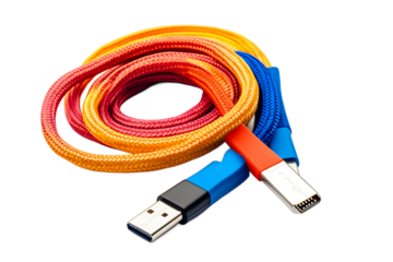 Coiled usb cables in red orange and blue with metal connectors on a black background close up view